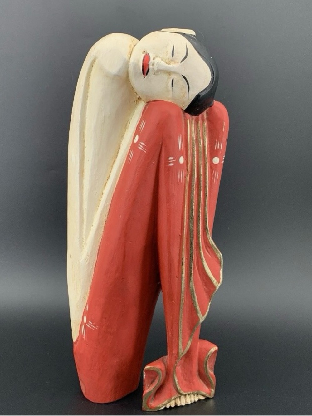 Vintage Hand Carved Wood Woman Figurine Boho Decor Red Robe Indonesia 12"